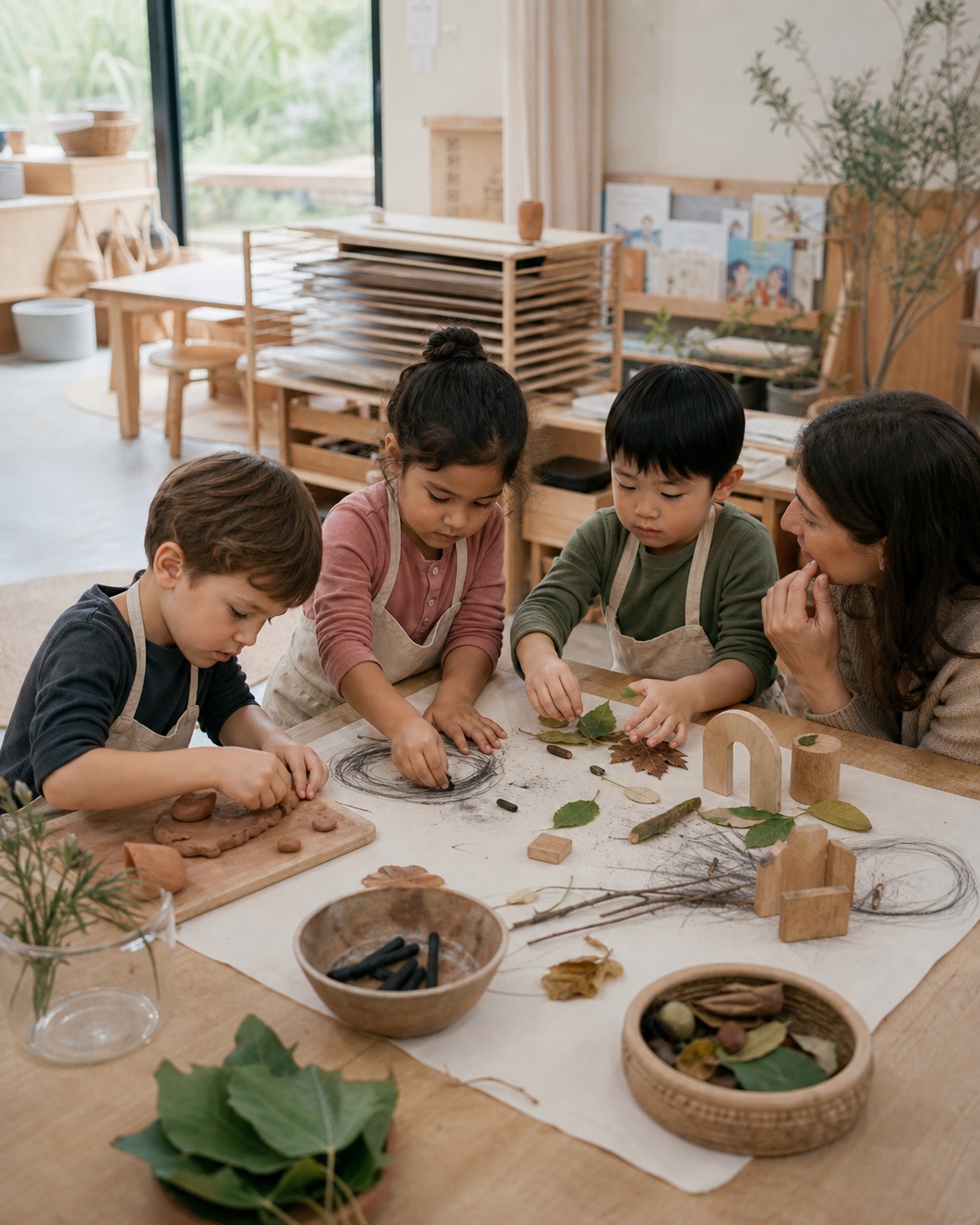 Children use clay, charcoal, leaves, and wooden forms together while an educator listens nearby