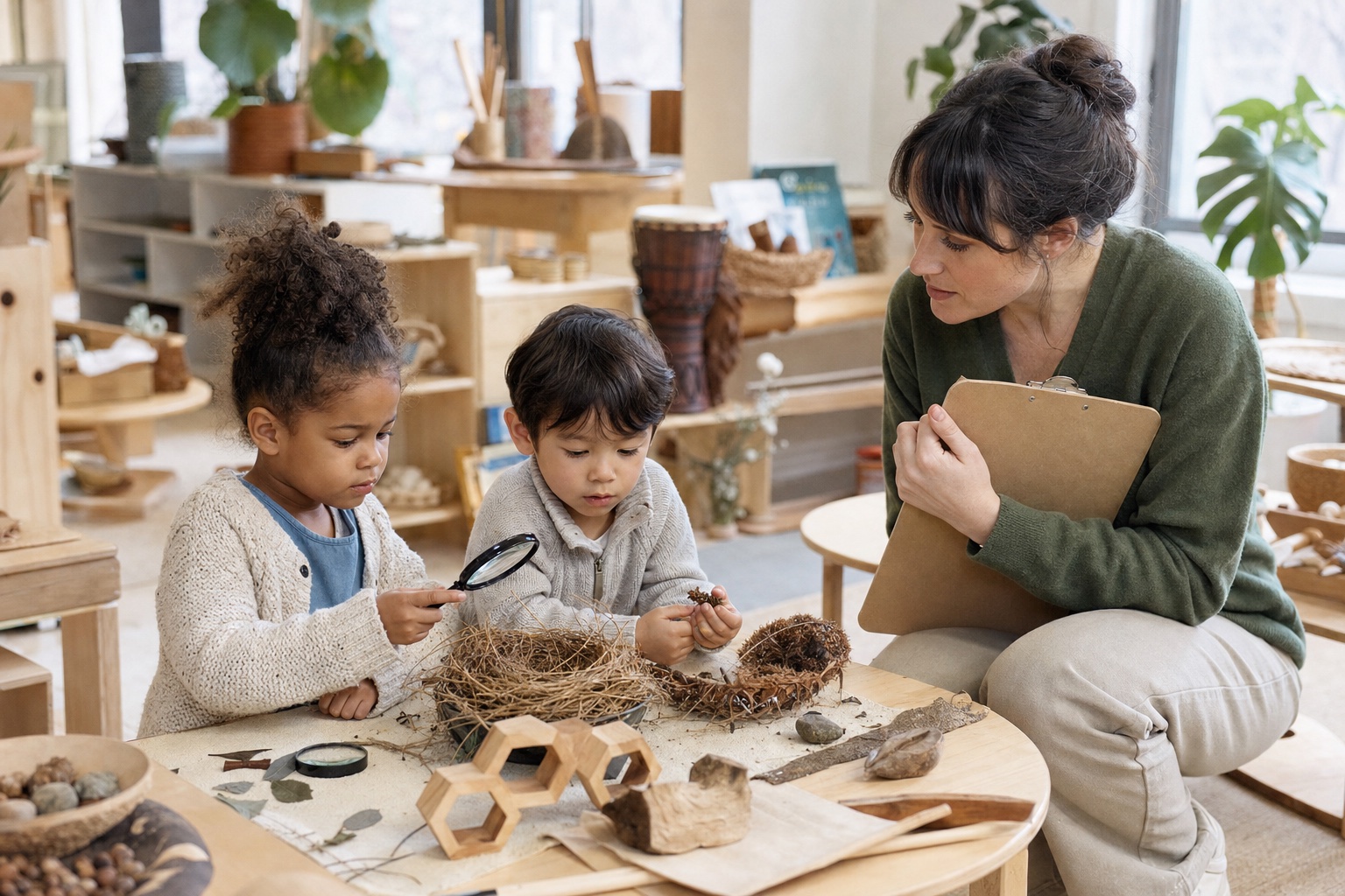 An educator observes two children investigating a found nest, branches, stones, and wooden honeycomb shapes