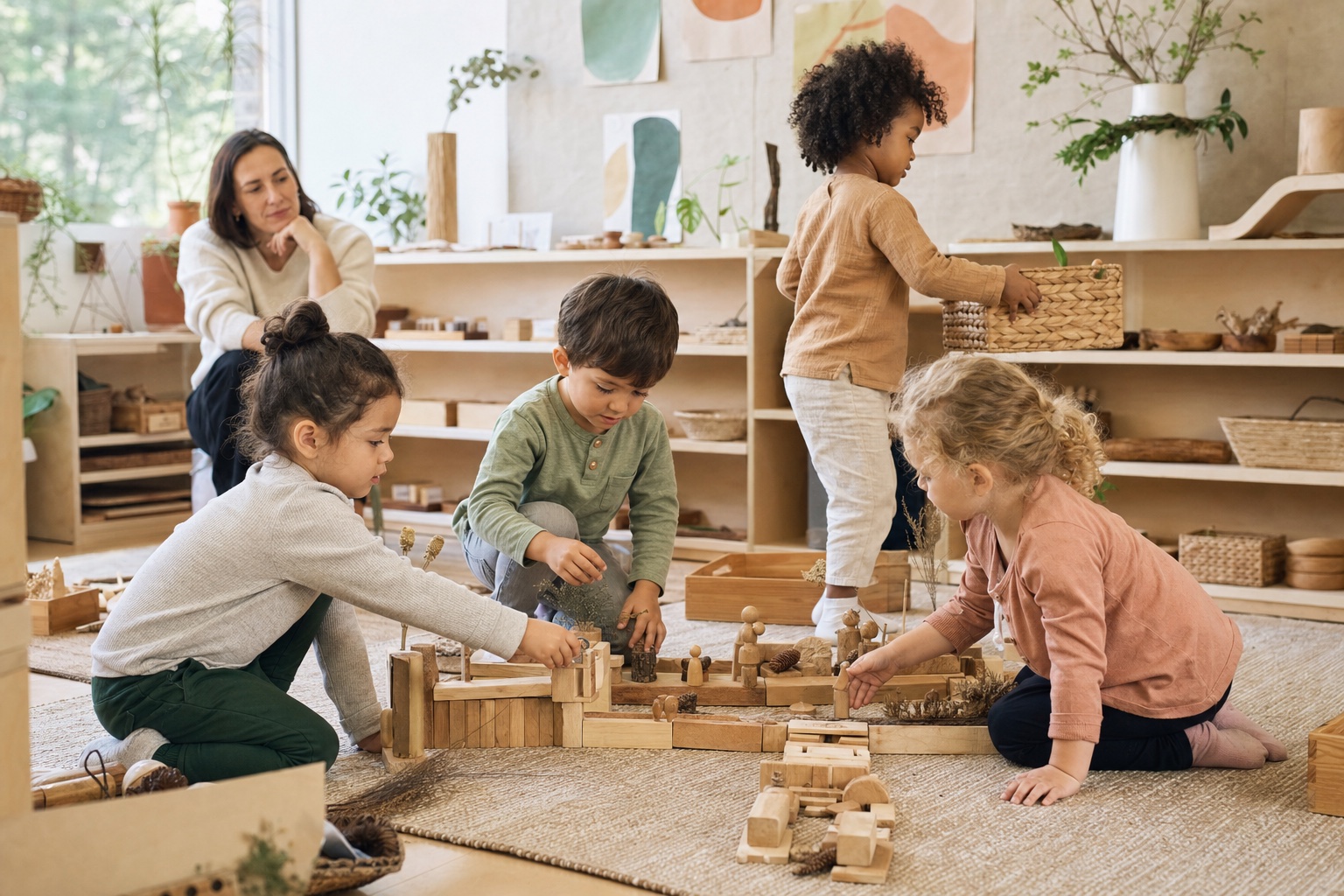 Pre-K children collaborate on a long wooden building project while caring for shared classroom materials