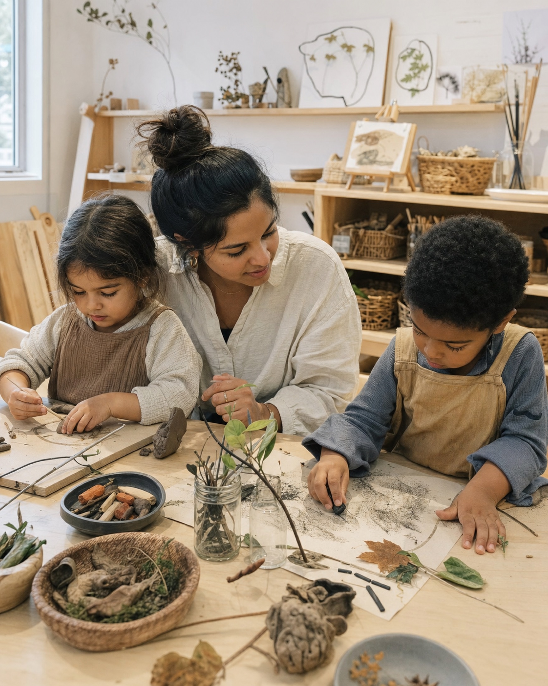An educator observing children working with clay, charcoal, paper, and found natural materials at an art station