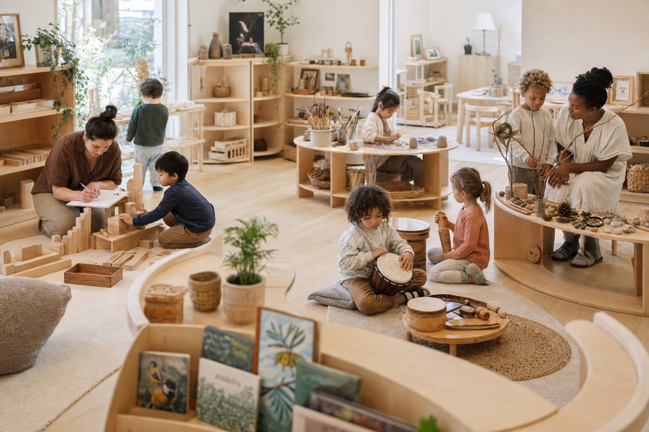 Children and educators participating independently across connected wooden construction, art, music, and nature stations