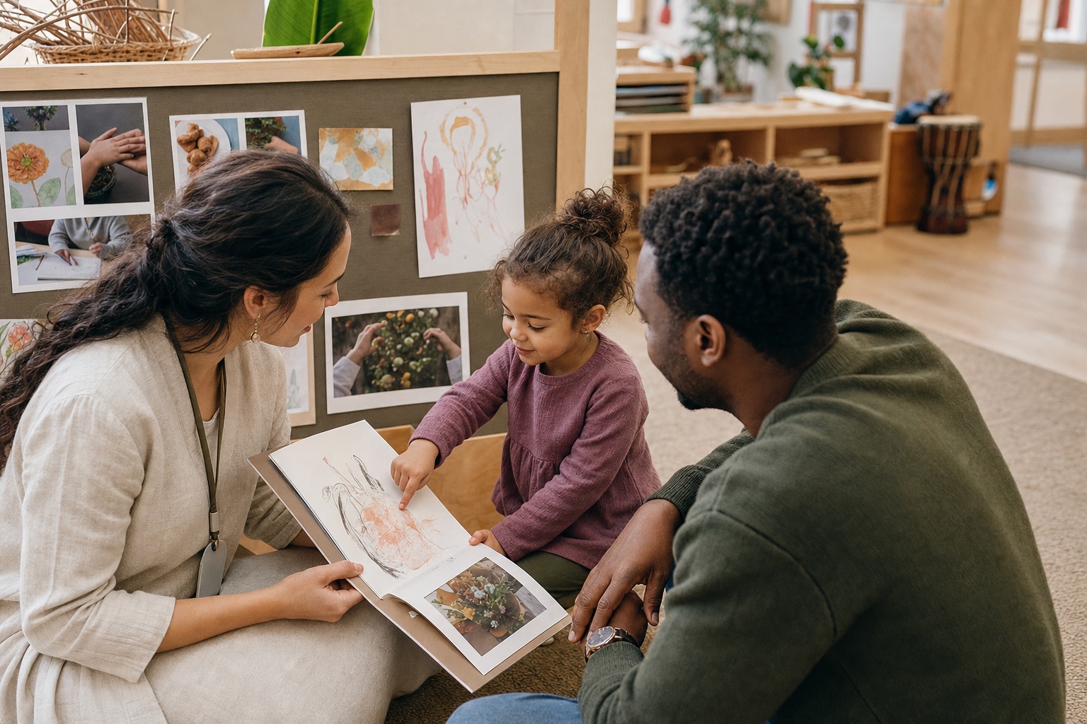 A child shares learning documentation with a parent and educator at the end of the day