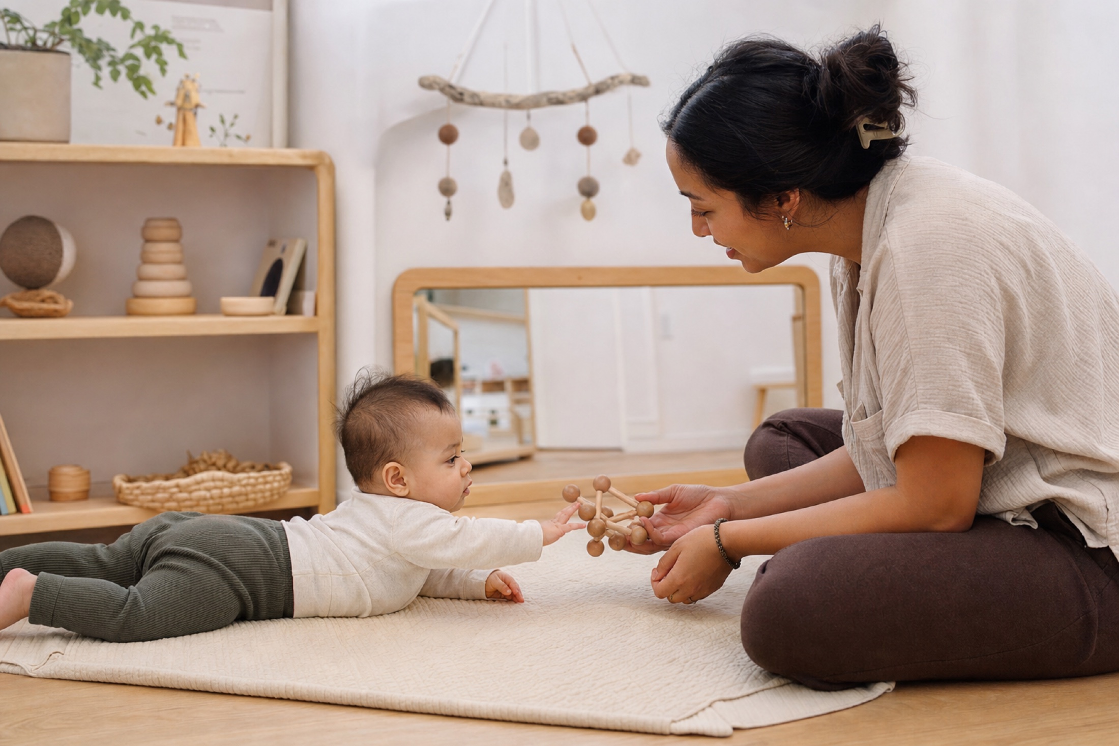 An educator responding attentively as an infant reaches for a natural wooden grasping toy in a prepared environment