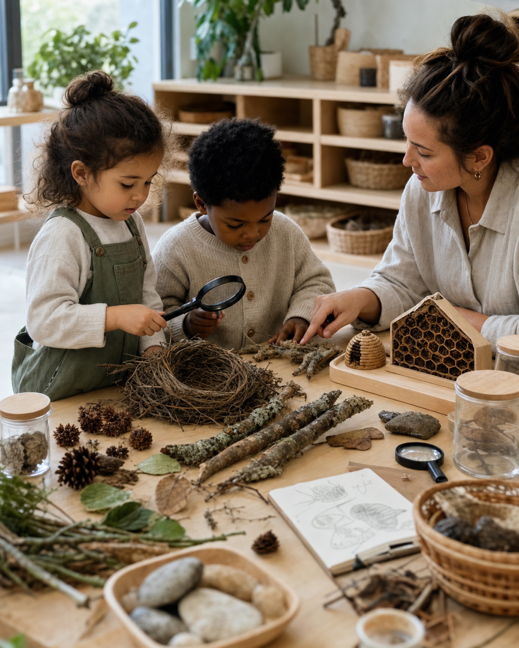 Children and an educator examining a found nest, branches, stones, seed pods, and a wooden honeycomb model