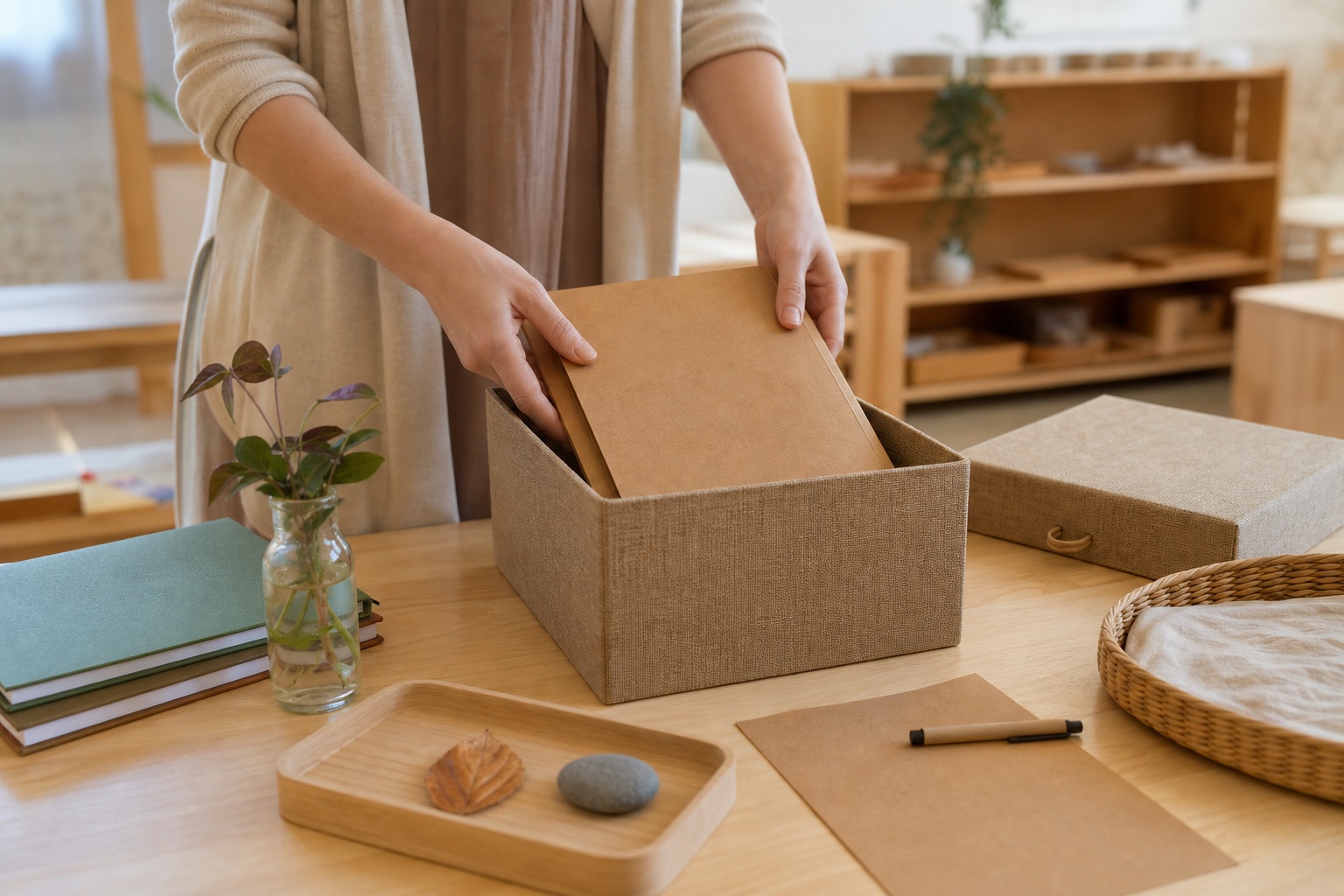 An educator places a closed blank portfolio into a natural-fiber storage box on an orderly planning table