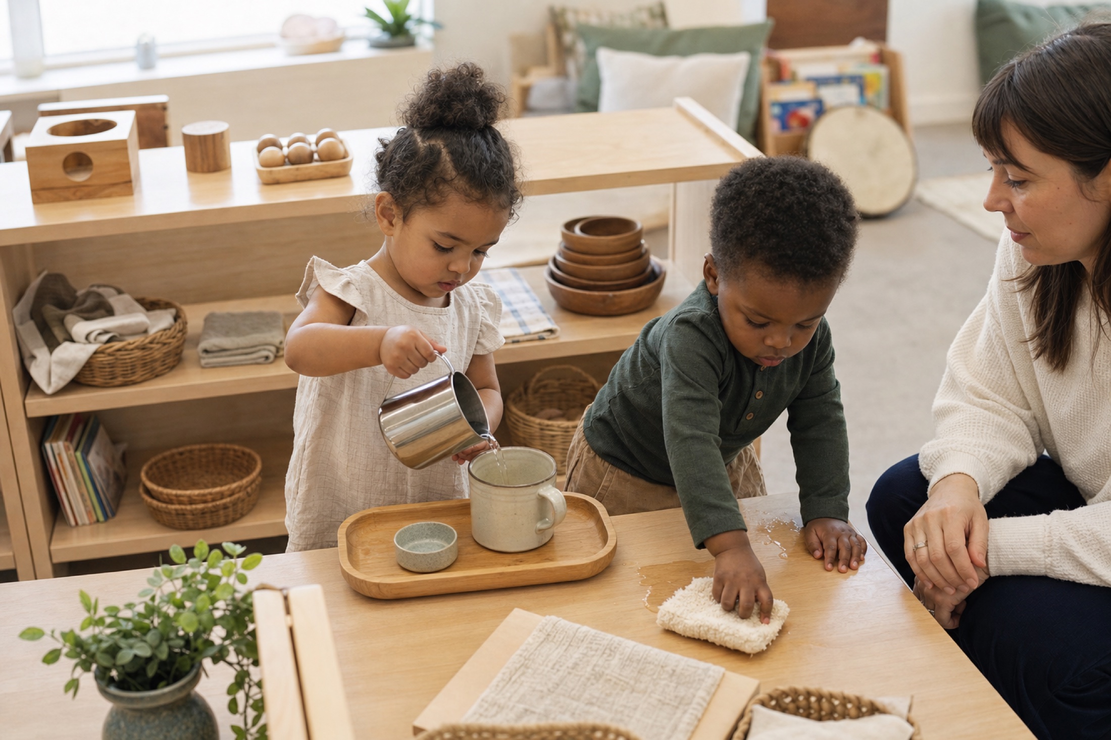 Toddlers practicing pouring and wiping with an educator nearby in a calm practical-life station